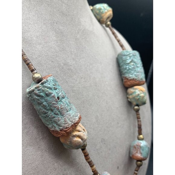 Ethnic Clay Necklace Heishi Beads Painted Rock Boho Style Unusual One of A Kind - Picture 4 of 6